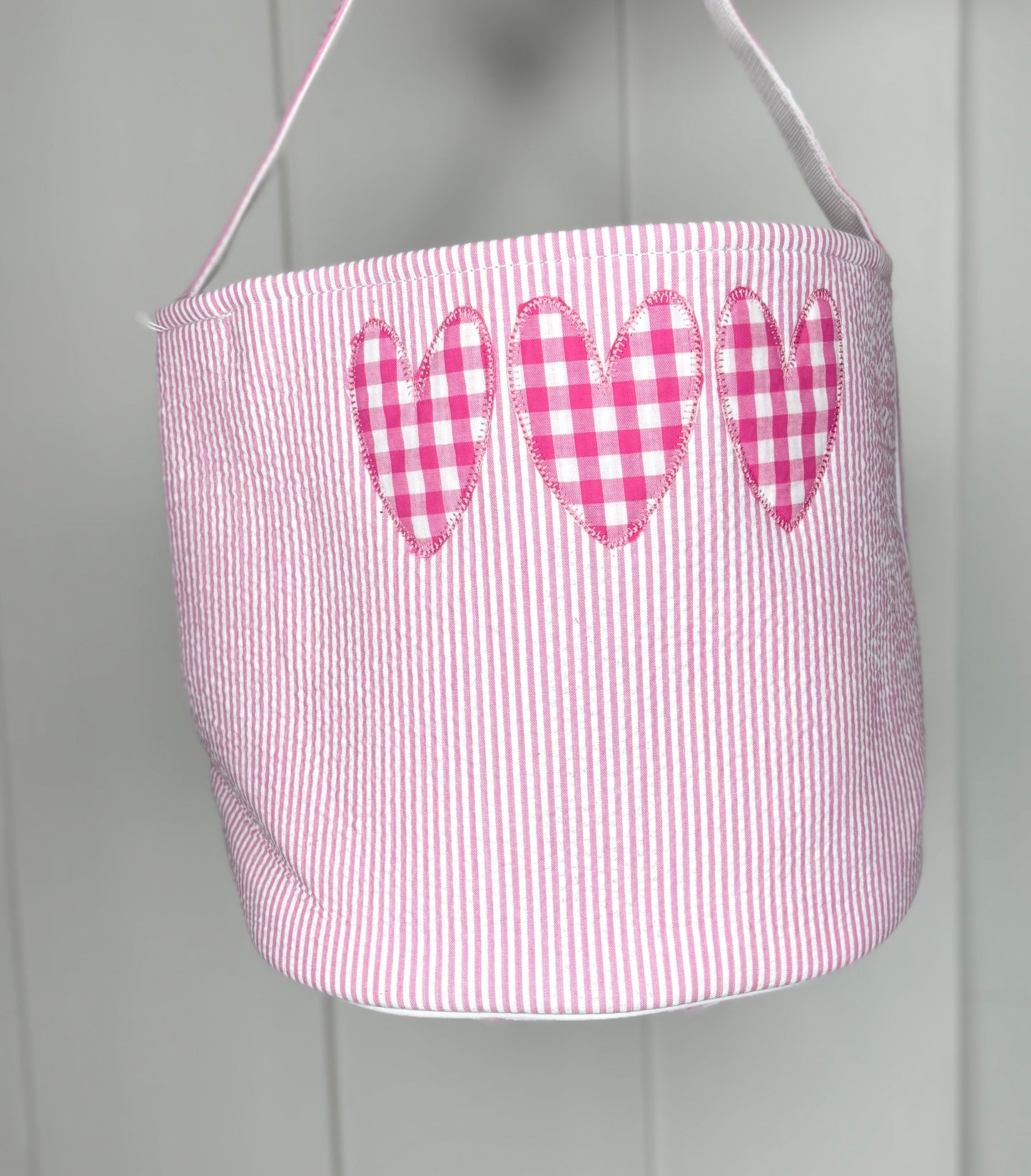Pink Seersucker Valentine Basket - Heart Trio