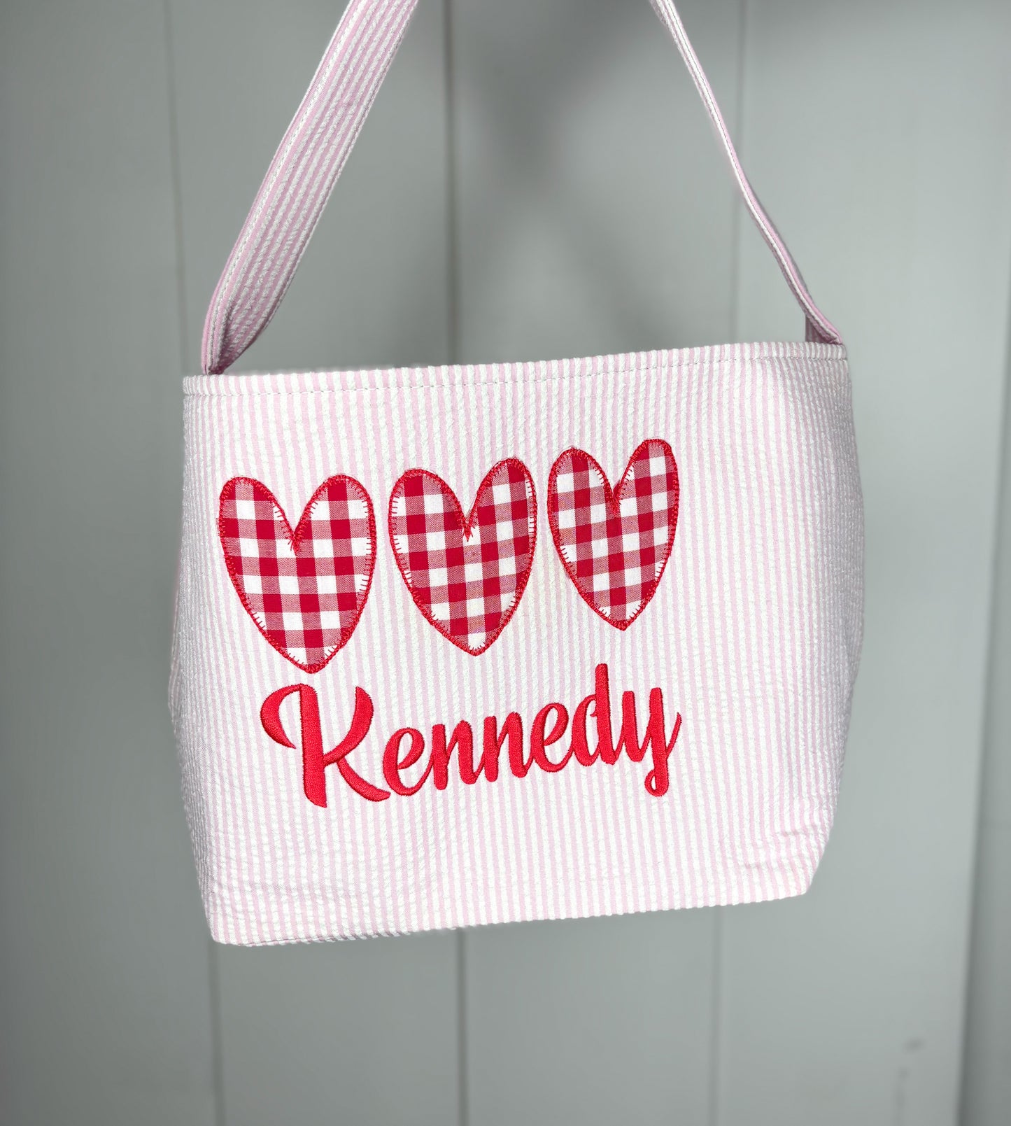 Kennedy Pink Seersucker Valentine Basket - Heart Trio