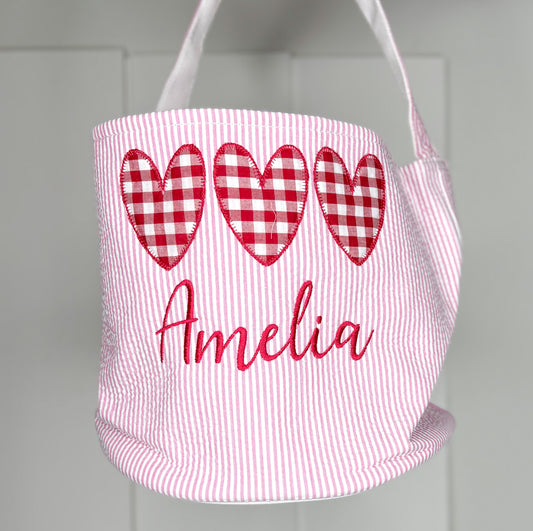 Amelia Pink Seersucker Valentine Basket - Heart Trio