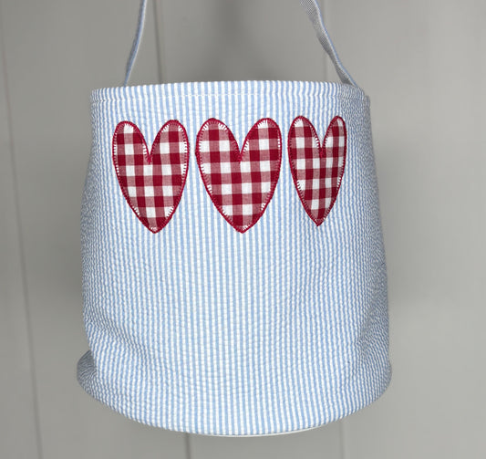 Blue Seersucker Valentine Basket - Heart Trio - Imperfect