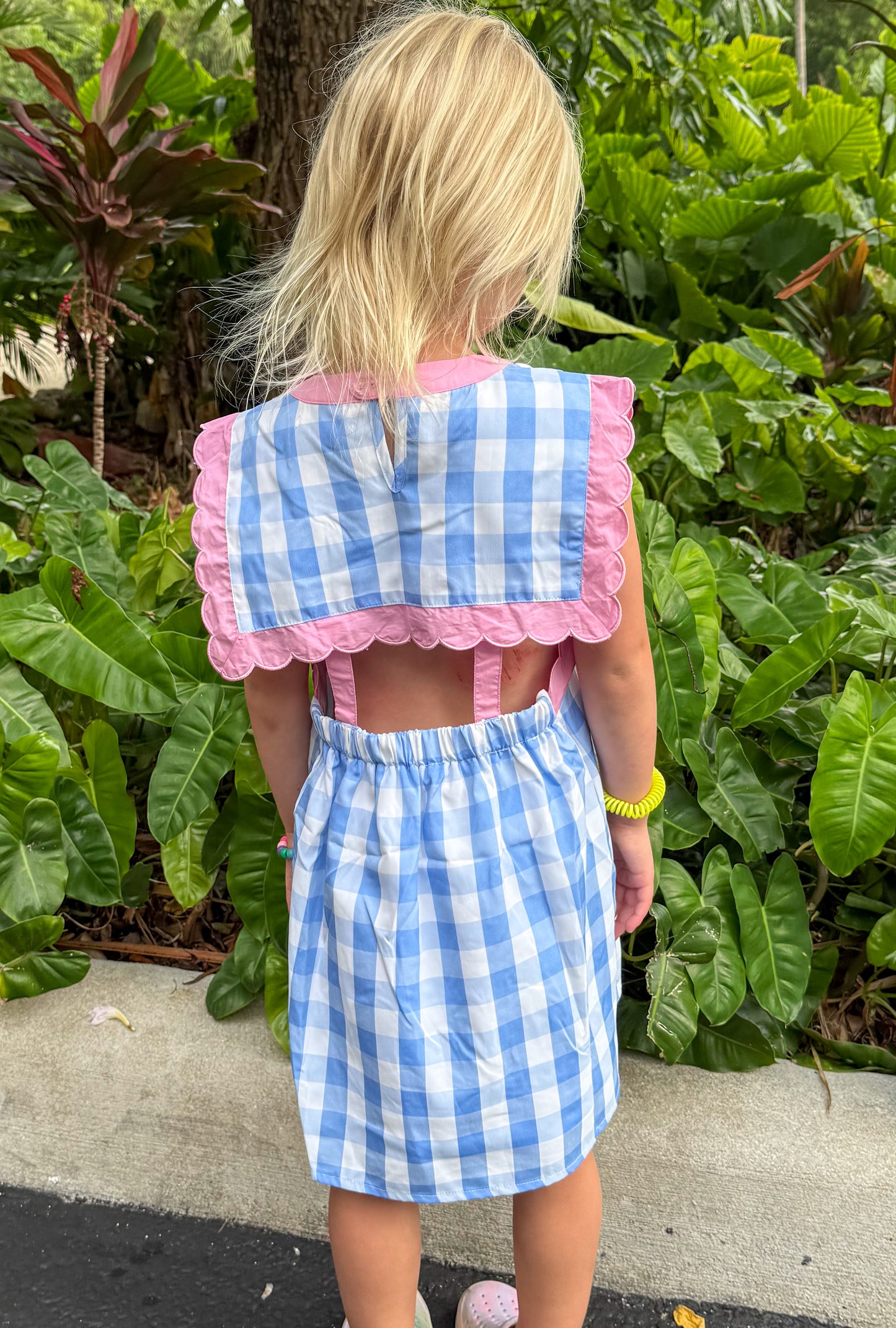 Blue Gingham Dress with Pink Scallop Trim