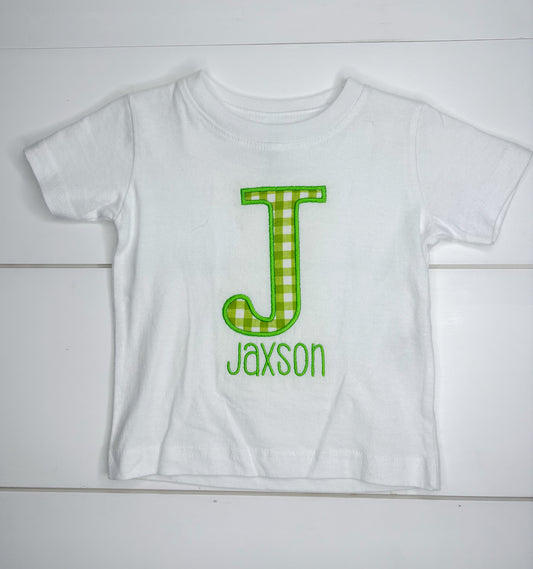 Jaxson White with Green Gingham Big Letter Shirt 6M