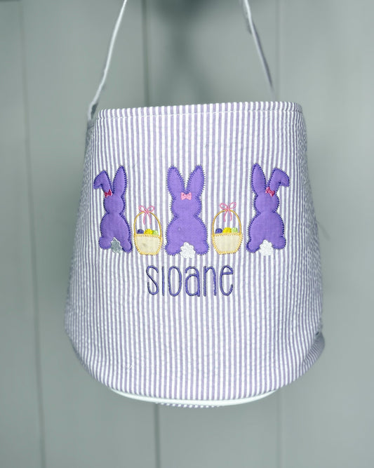 Sloane Purple Seersucker Easter Basket - Bunny Trio with Bow