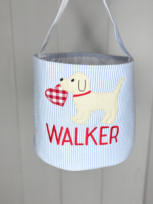 Walker Blue Seersucker Valentine Basket - Puppy