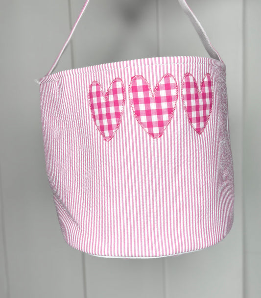 Pink Seersucker Valentine Basket - Heart Trio