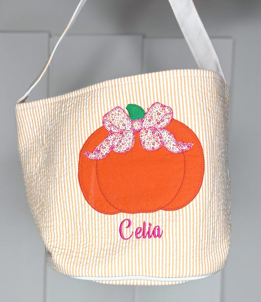 Celia Orange Seersucker Halloween Basket - Pumpkin with Bow