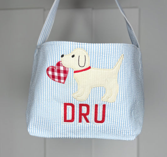 Dru Blue Seersucker Valentine Basket - Puppy