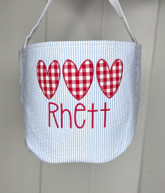 Rhett Blue Seersucker Valentine Basket - Heart Trio