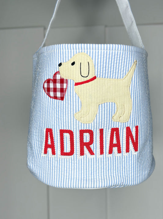 Adrian Blue Seersucker Valentine Basket with Puppy Design