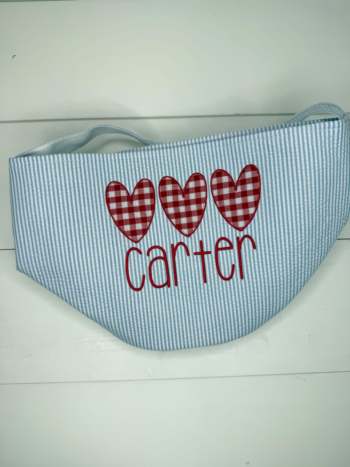 Carter Blue Seersucker Valentine Basket - Heart Trio