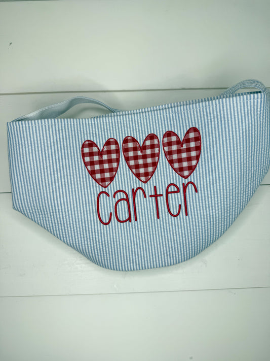 Carter Blue Seersucker Valentine Basket - Heart Trio