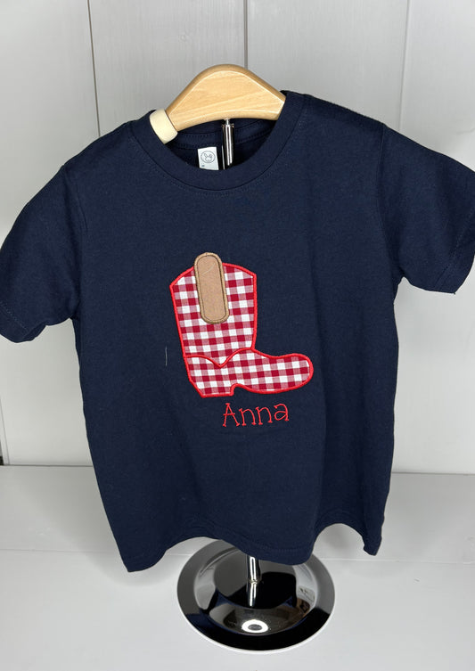 Anna Navy Shirt with Red Gingham Boot 4T