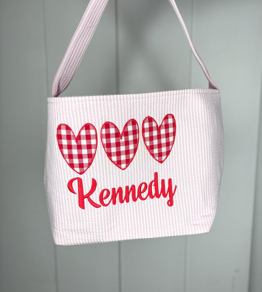 Kennedy Pink Seersucker Valentine Basket - Heart Trio