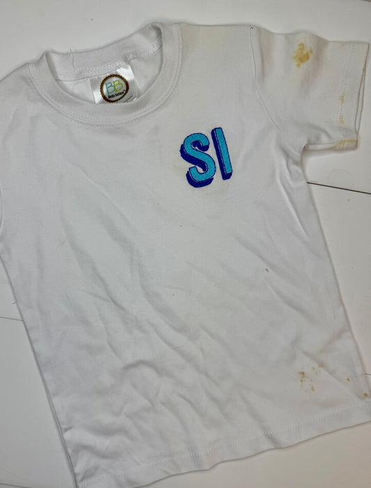 SI White with Blue Block Letters 3T - Imperfect