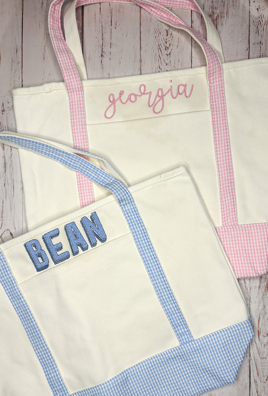 Monogrammed Gingham Canvas Tote Bag