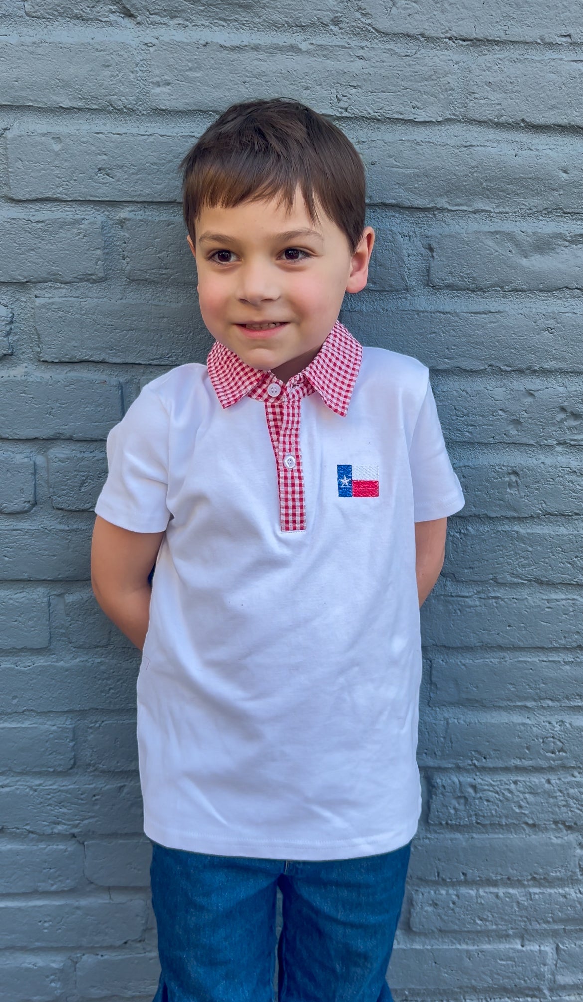 Red Gingham Collar Texas Flag Polo Shirt