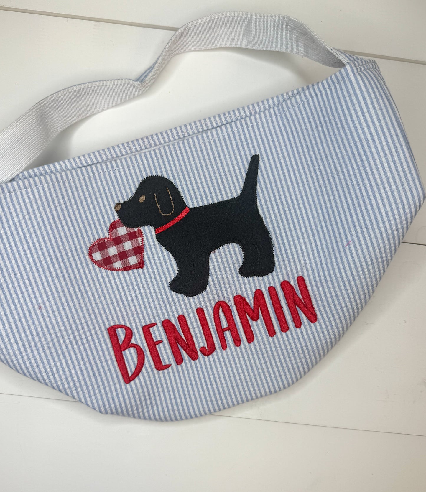 Benjamin Blue Seersucker Valentine Basket with Puppy Design- Imperfect