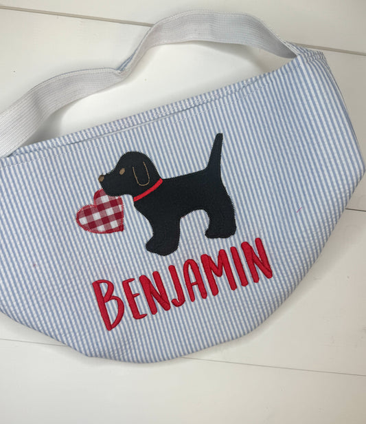 Benjamin Blue Seersucker Valentine Basket with Puppy Design- Imperfect