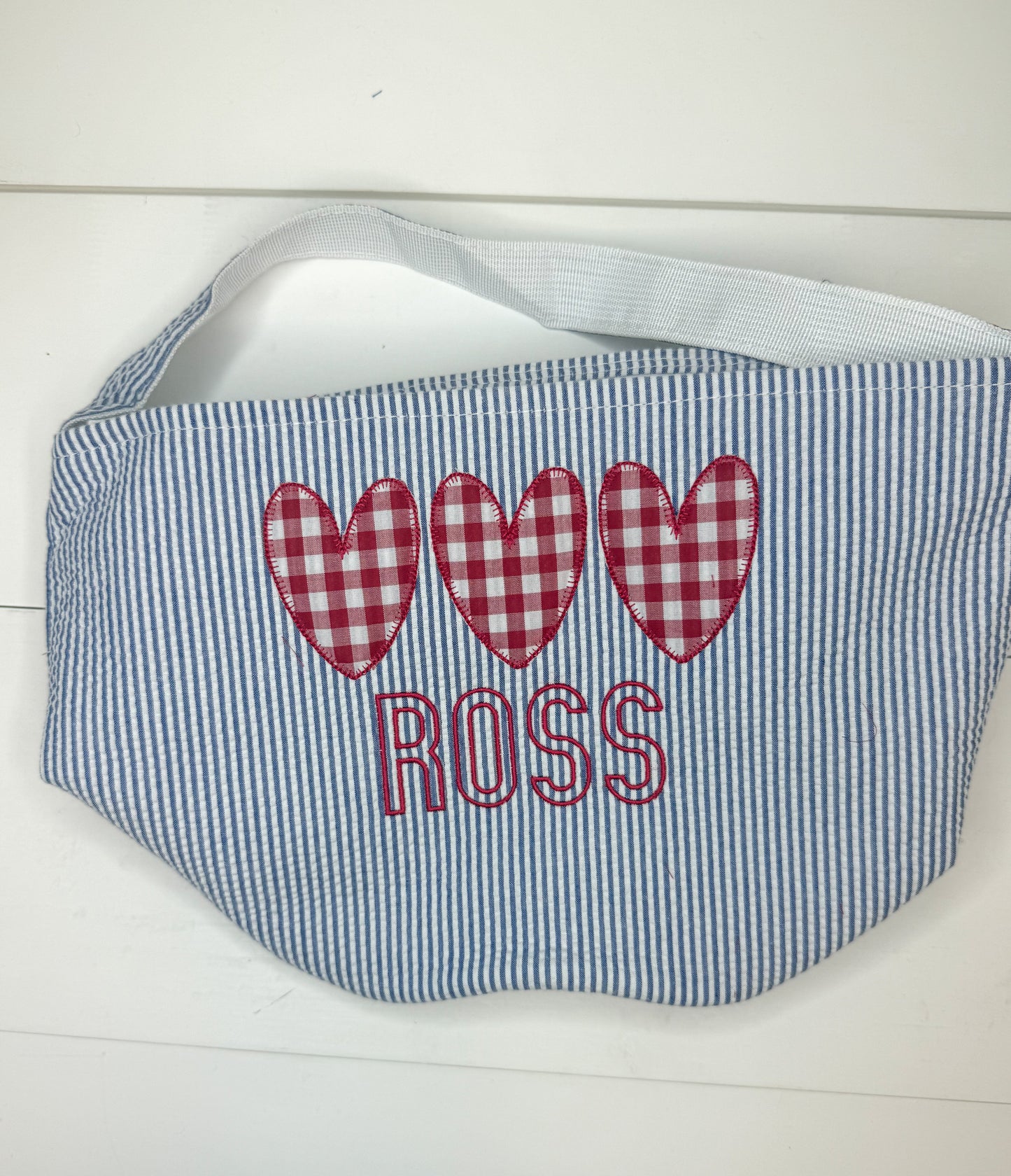 Ross Navy Seersucker Valentine Basket - Heart Trio