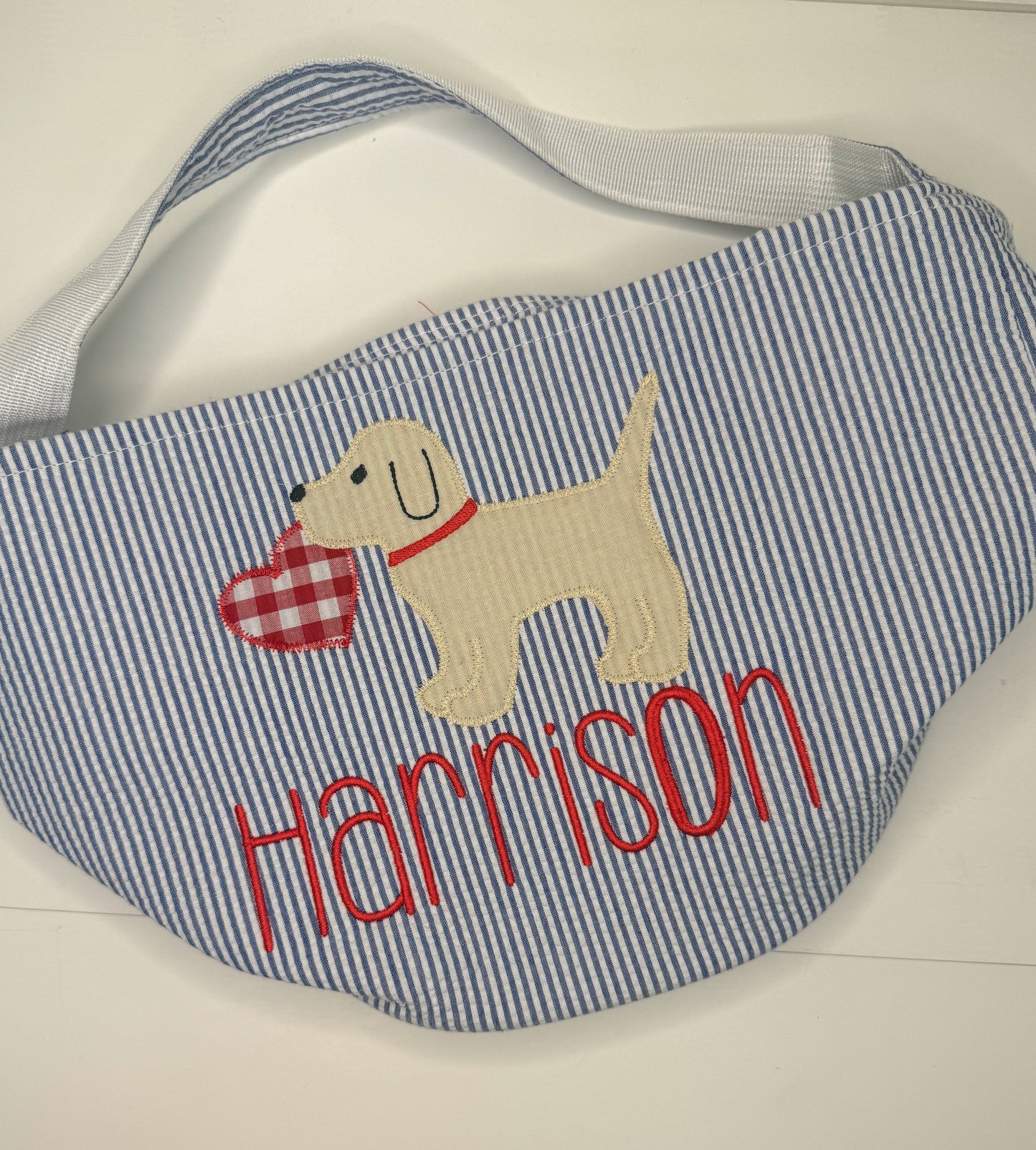 Harrison Navy Seersucker Valentine Basket with Puppy Design- Imperfect