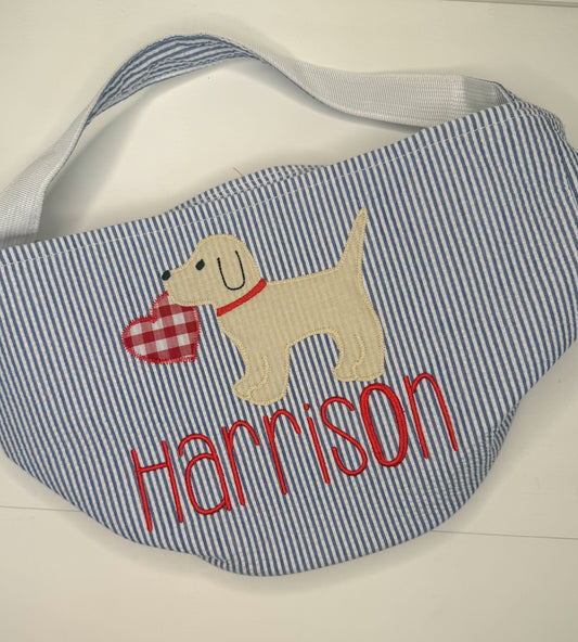 Harrison Navy Seersucker Valentine Basket with Puppy Design- Imperfect