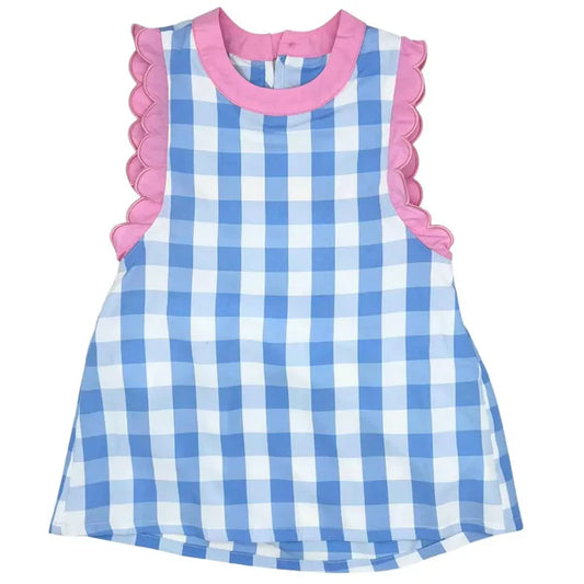 Blue Gingham Dress with Pink Scallop Trim