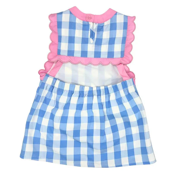 Blue Gingham Dress with Pink Scallop Trim