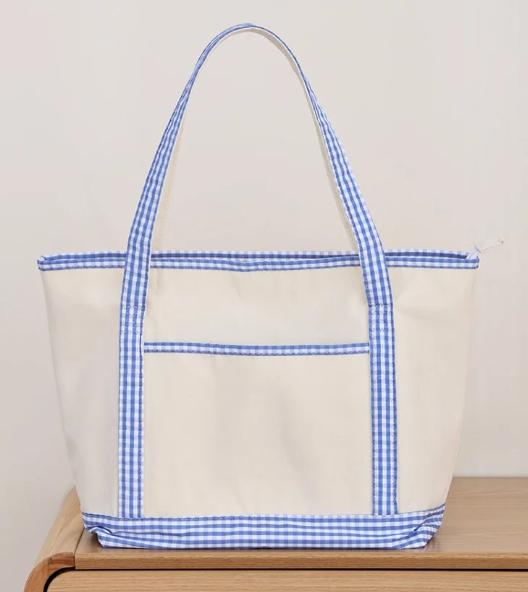 Monogrammed Gingham Canvas Tote Bag