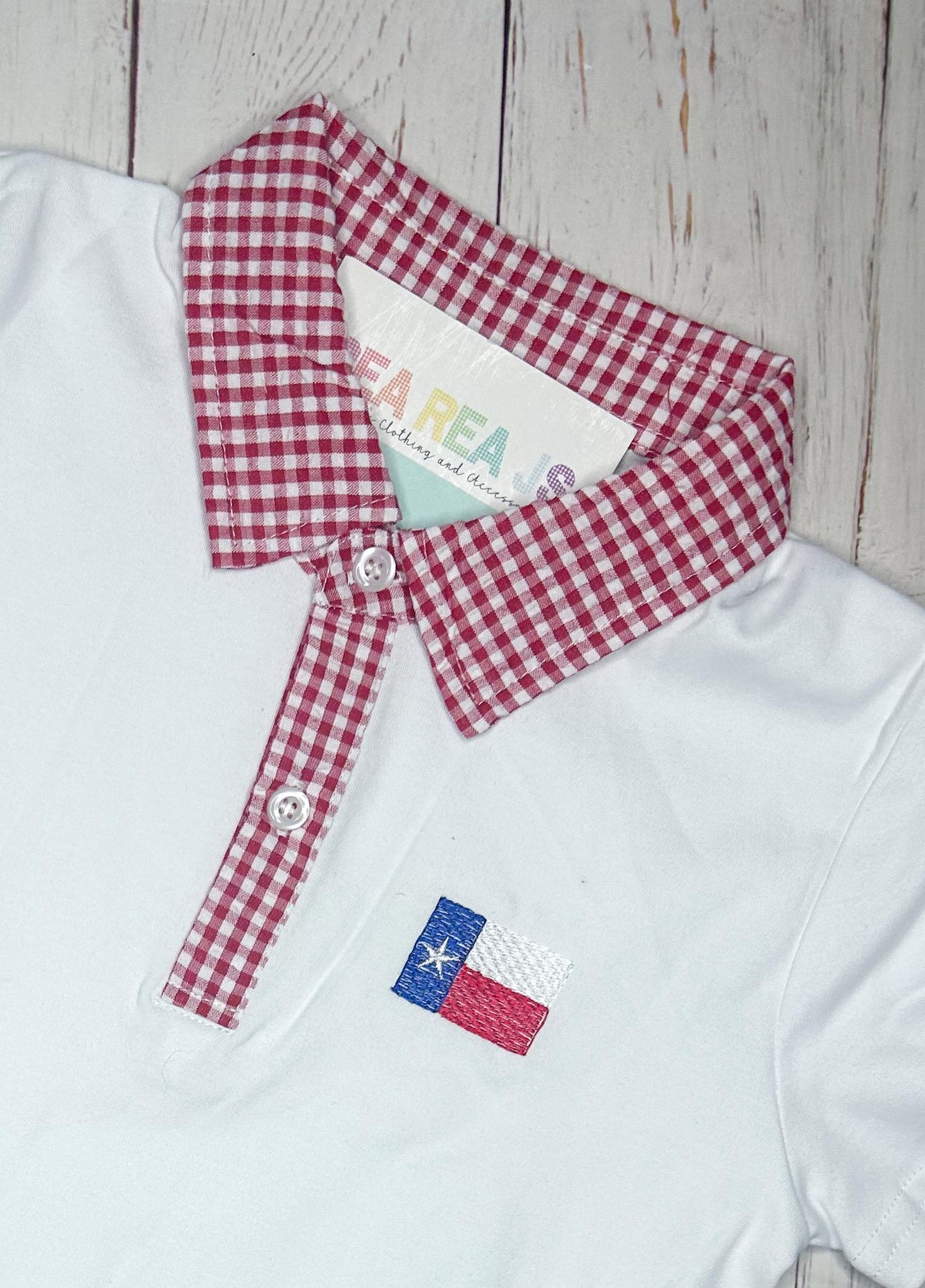 Red Gingham Collar Texas Flag Polo Shirt